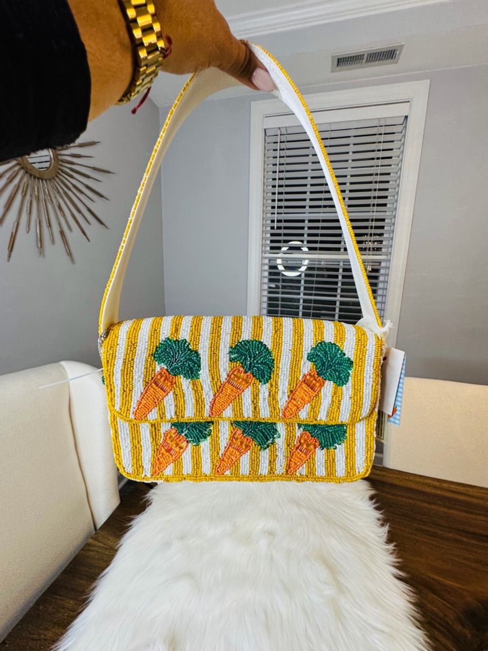 Yellow & White Beaded Carrot-Print Shoulder Bag